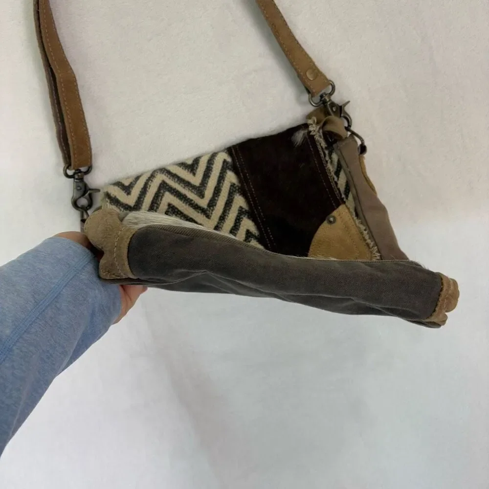 Myra Bag Grey Zig Zag with Fur Detail Flap‎ Closure Crossbody Purse